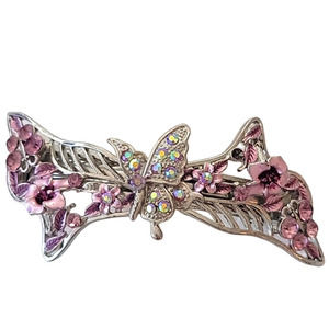 Rhinestone and Metal Silvertone Hair Clip with Butterflies and Flowers Bride 4"